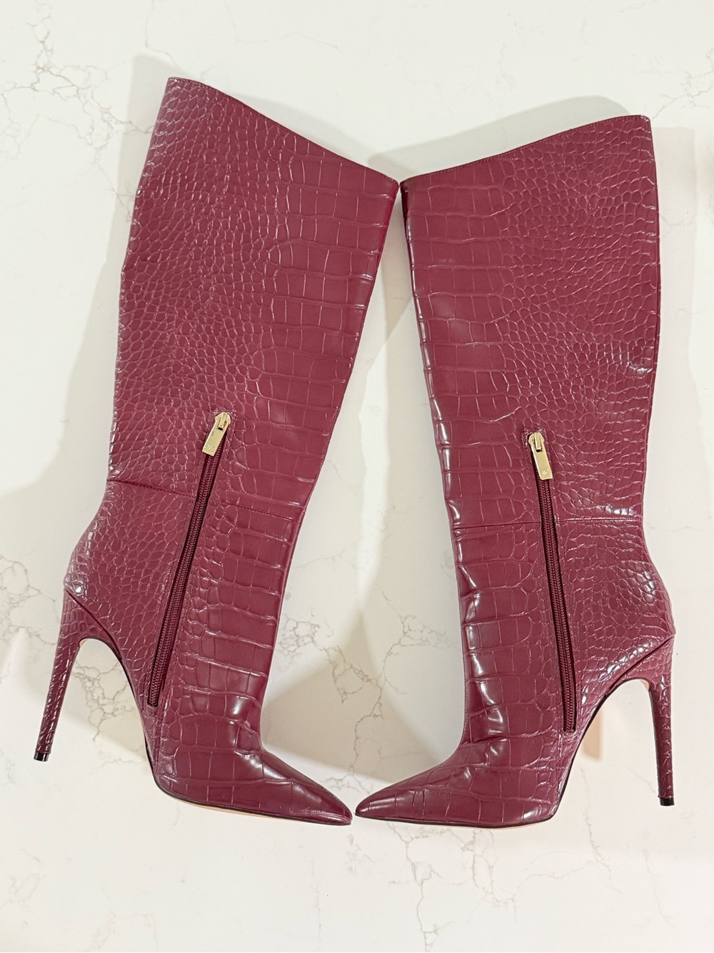 Jennifer Lopez JLO Adalynn Boot Wine Croc-Embossed Knee-High Stiletto Boots